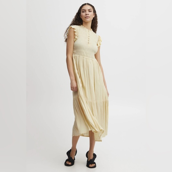 ba&sh Noah Shirred Midi Dress in Jaunde Yellow - Picture 2 of 16